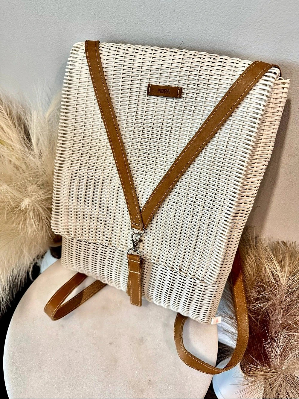 FIBRA Woven Backpack in White & Brown